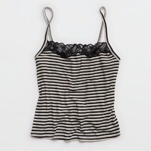 Aerie Real Soft Ribbed Tank Top Black White Striped Lace Trim Camisole Pajama